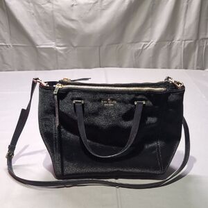 Kate Spade‎ Womens Velvet Black Satchel Tote Crossbody Double Zip Bag